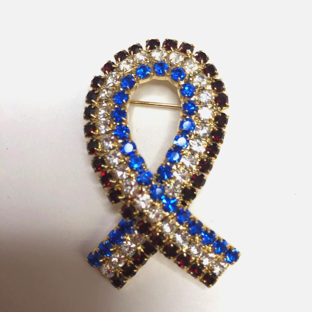 Red Blue & Clear Rhinestone Awareness Ribbon Pin Brooch Gold-Tone Metal